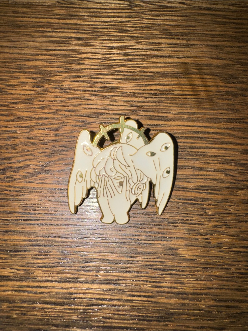 Cream Angel Wings Enamel Pin with Gold Accents